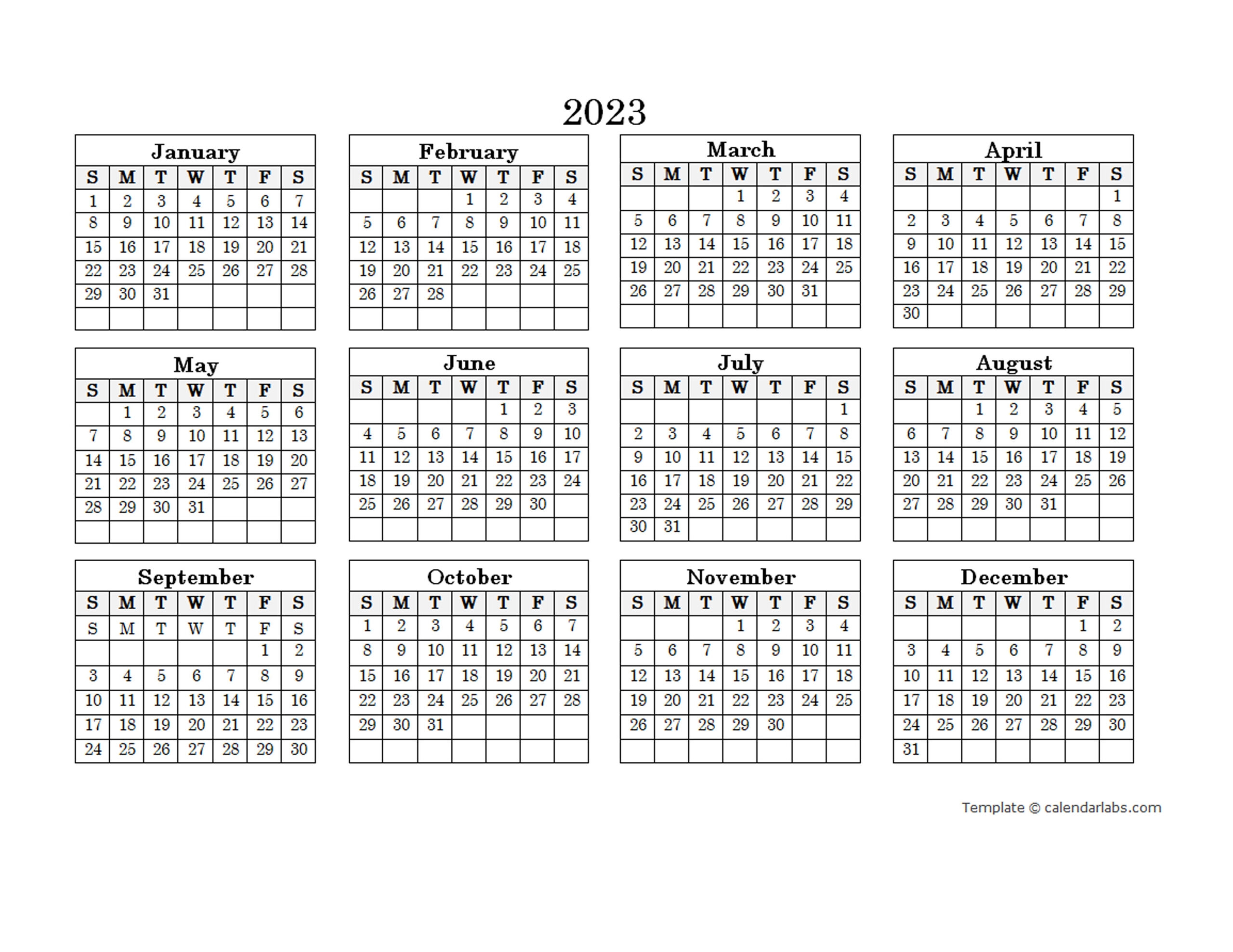 2023 Blank Yearly Calendar Landscape Free Printable Templates FREE 