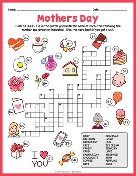 3rd 4th 5th 6th Grade MOTHER 39 S DAY Crossword Puzzle Worksheet No 