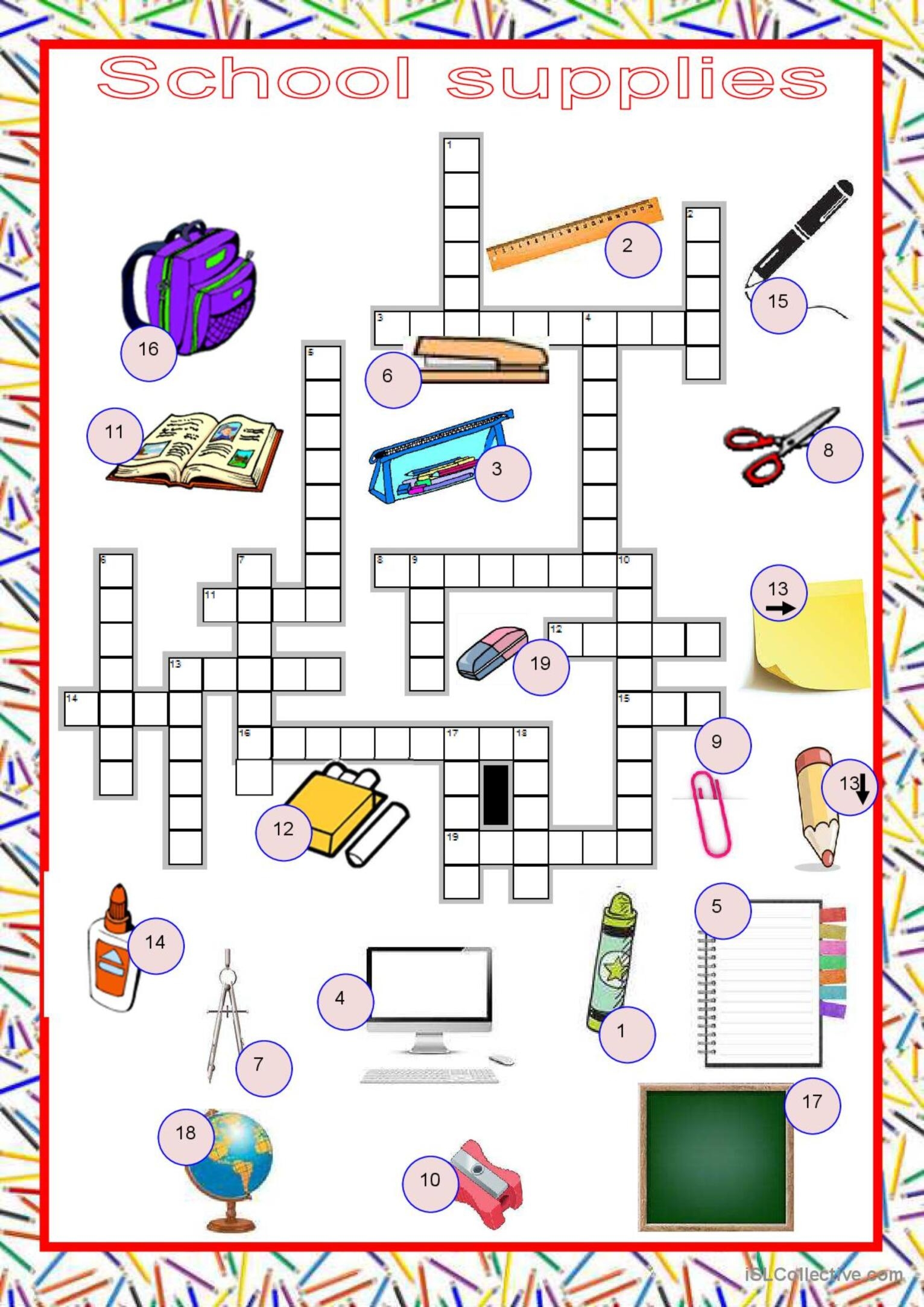 Crosswords School Supplie English ESL Worksheets Pdf Doc