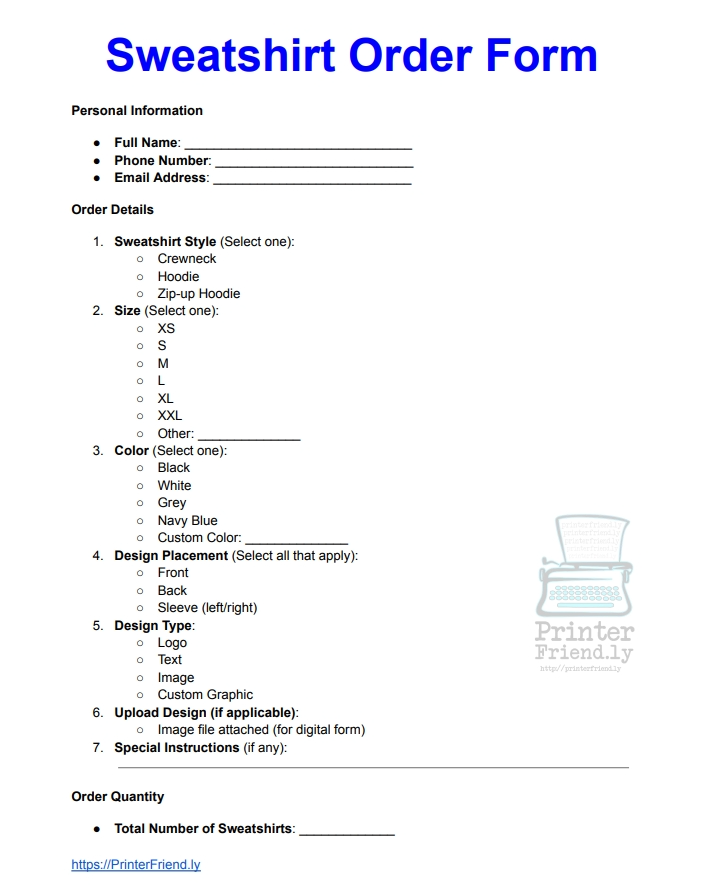 Custom Sweatshirt Order Form Template Free Printable Printerfriendly
