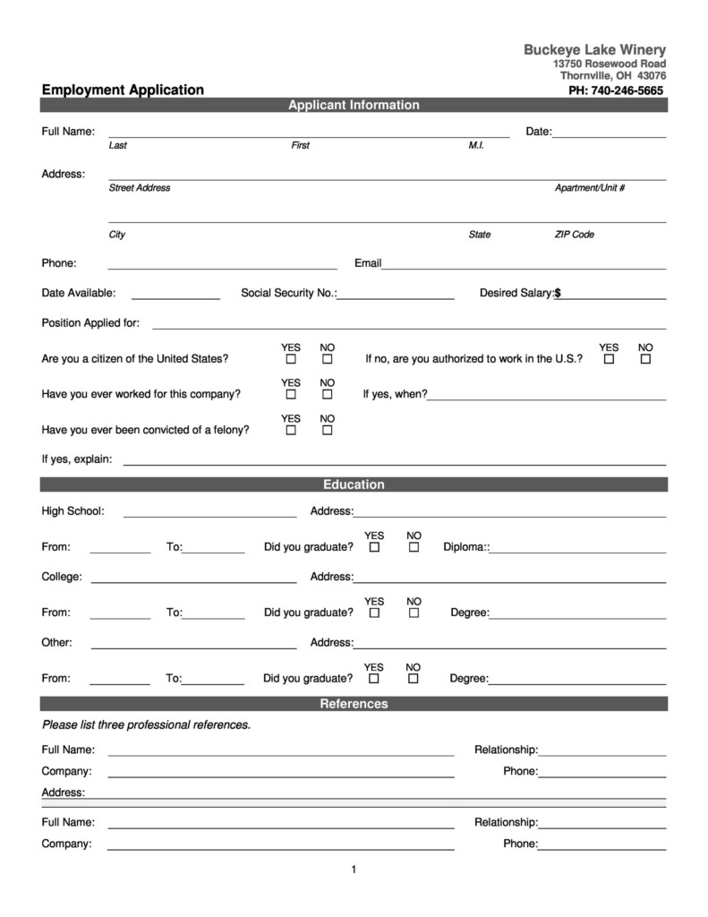 Employment Applications Free Printable Printable Application