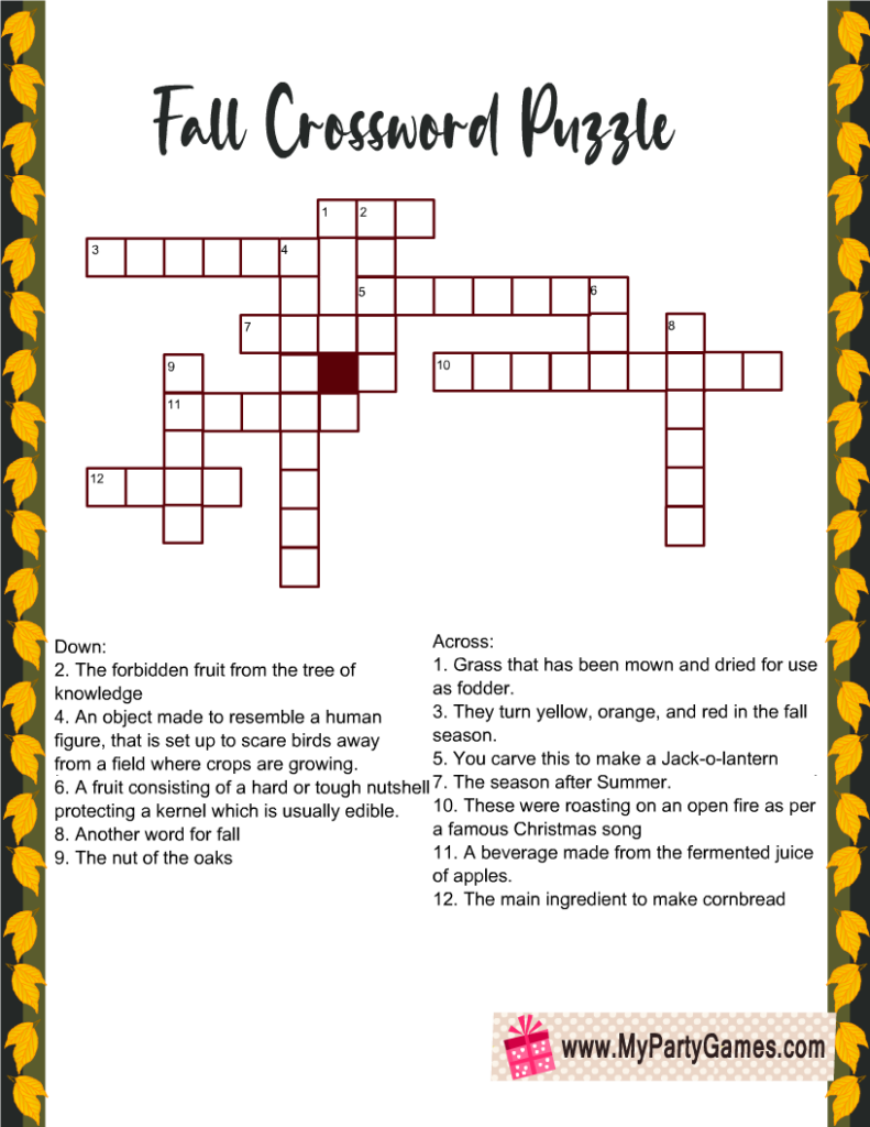 Fall Crossword Puzzle Printable Free Crossword Puzzles Printable