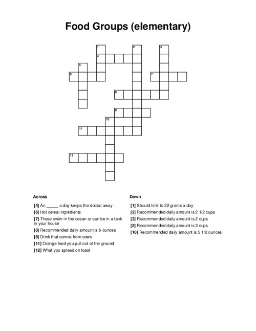 Food Groups elementary Crossword Puzzle