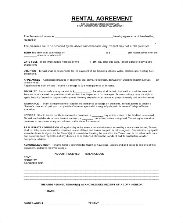 Free Printable Basic Rental Agreement Template Printable Templates