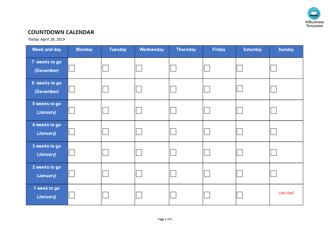 Free Printable Countdown Calendar Template Printable Templates