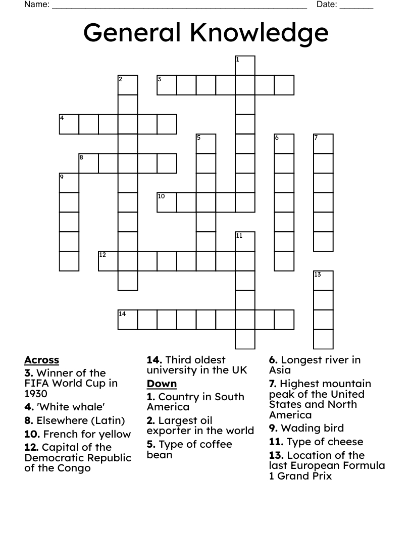Free Printable General Knowledge Crossword Puzzles FREE Printable A Z