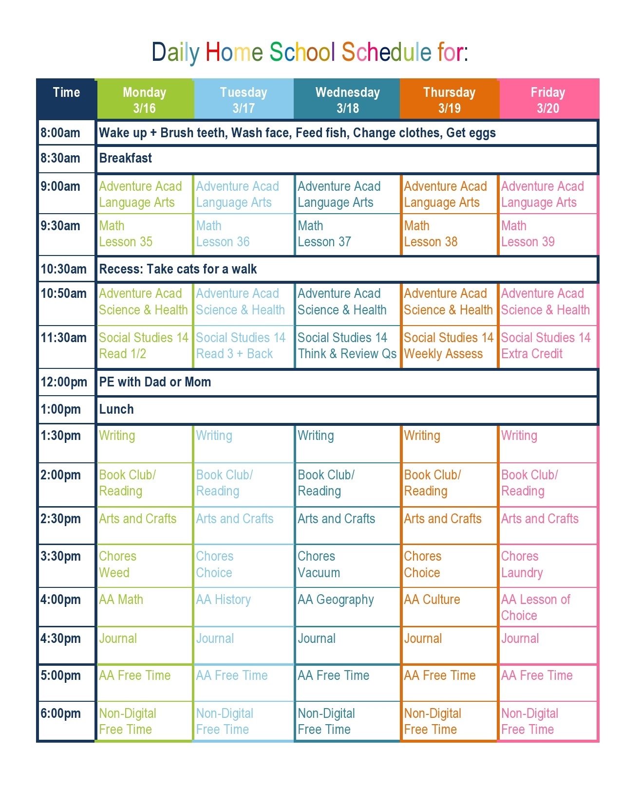 Free Printable Homeschool Daily Schedule Template Printable Forms 