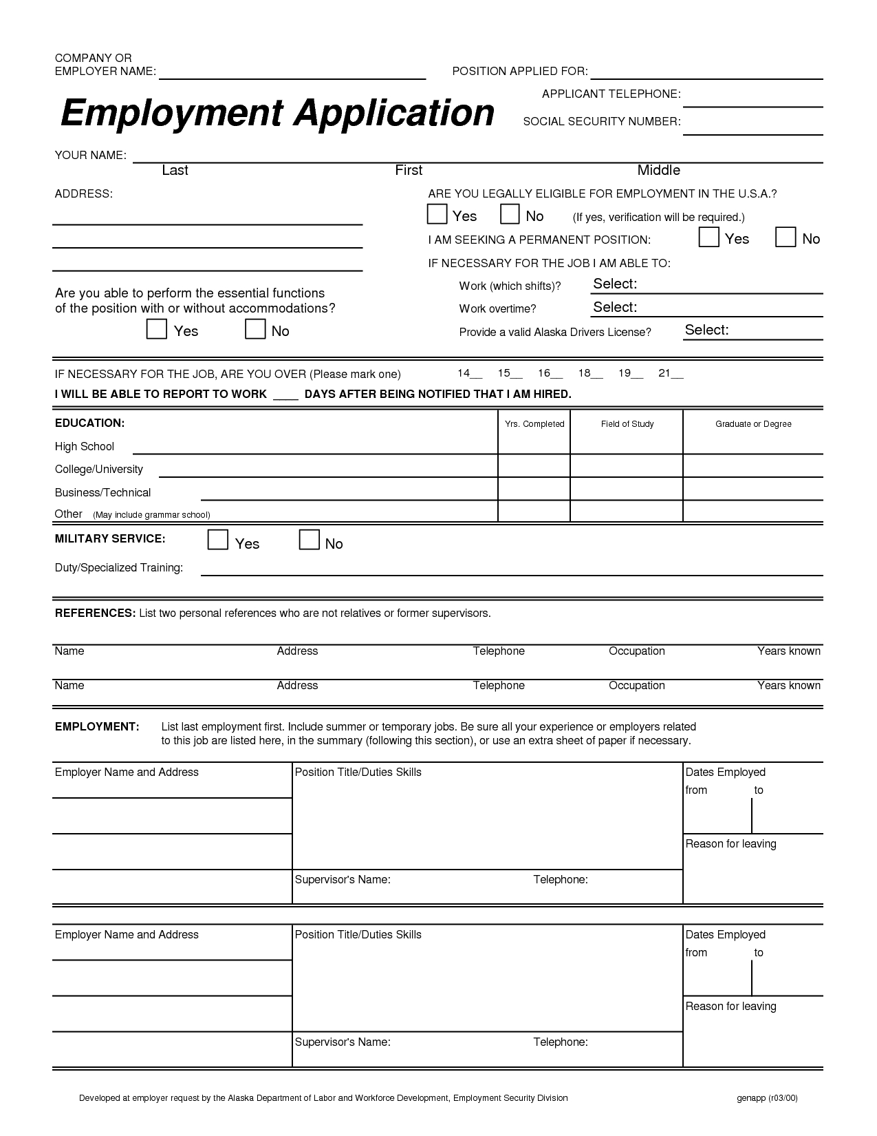 Free Printable Job Application Template Free Printable