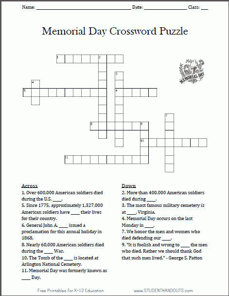 Free Printable Memorial Day Crossword Puzzle Worksheet Senior 