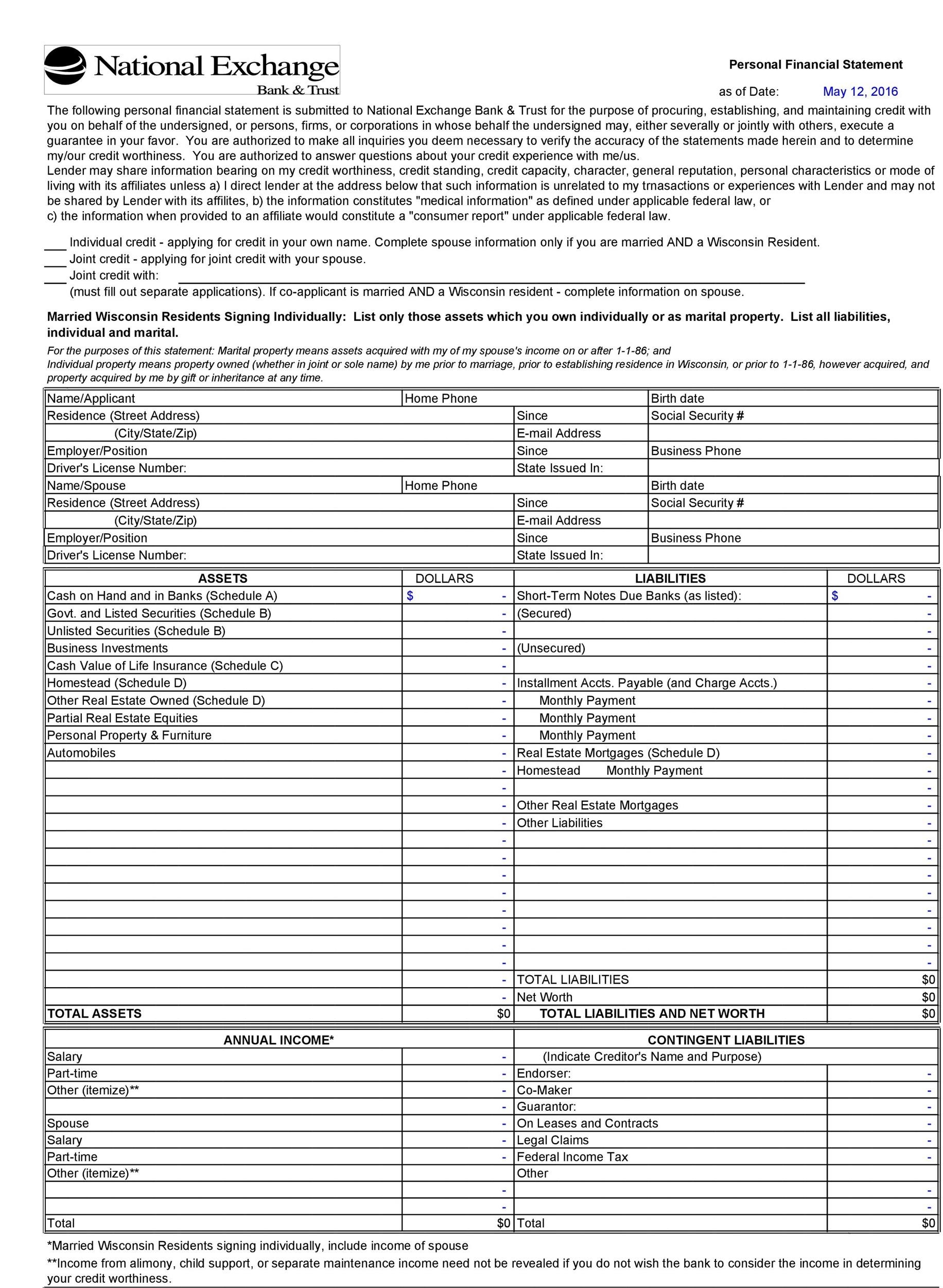 Free Printable Personal Financial Statement Template Printable Templates