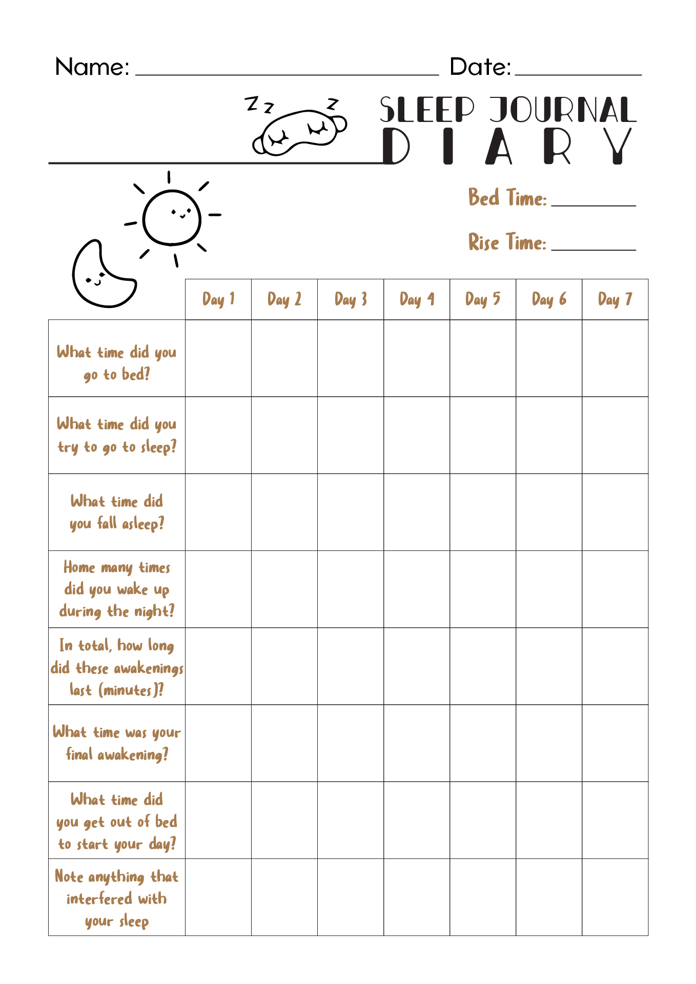 Free Printable Sleep Diary Template Printable Templates