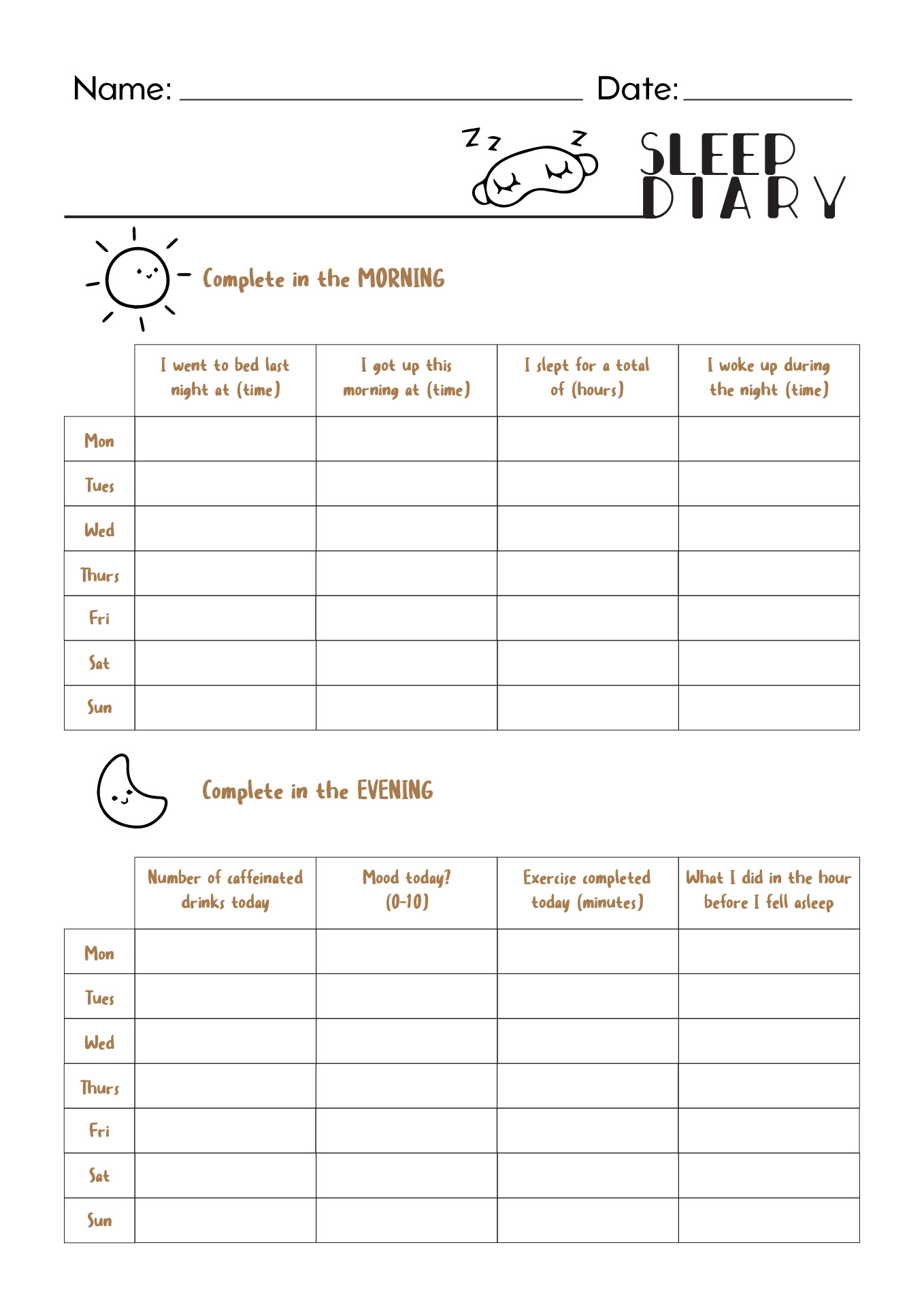 Free Printable Sleep Diary Template Printable Templates