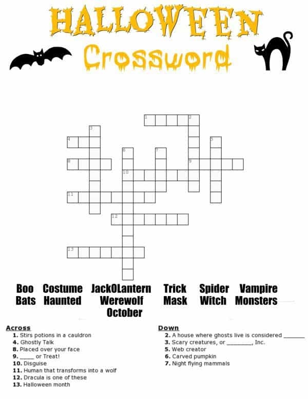 Halloween Crossword Printable With Or Without Word Bank 