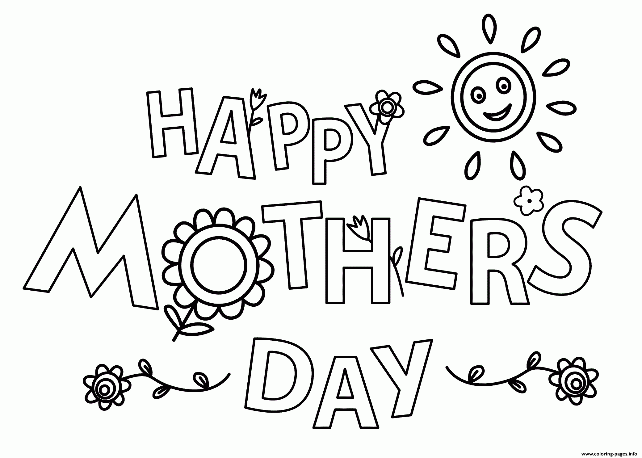 Happy Mothers Day Flowers Sun Coloring Page Printable