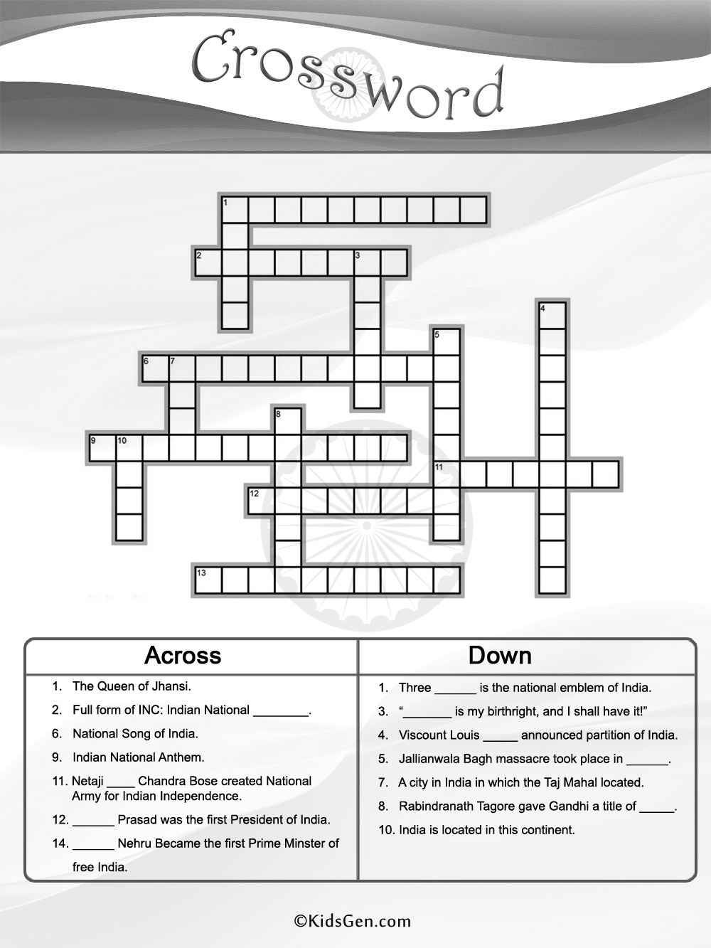 Indian Independence Day Black White Crossword Template