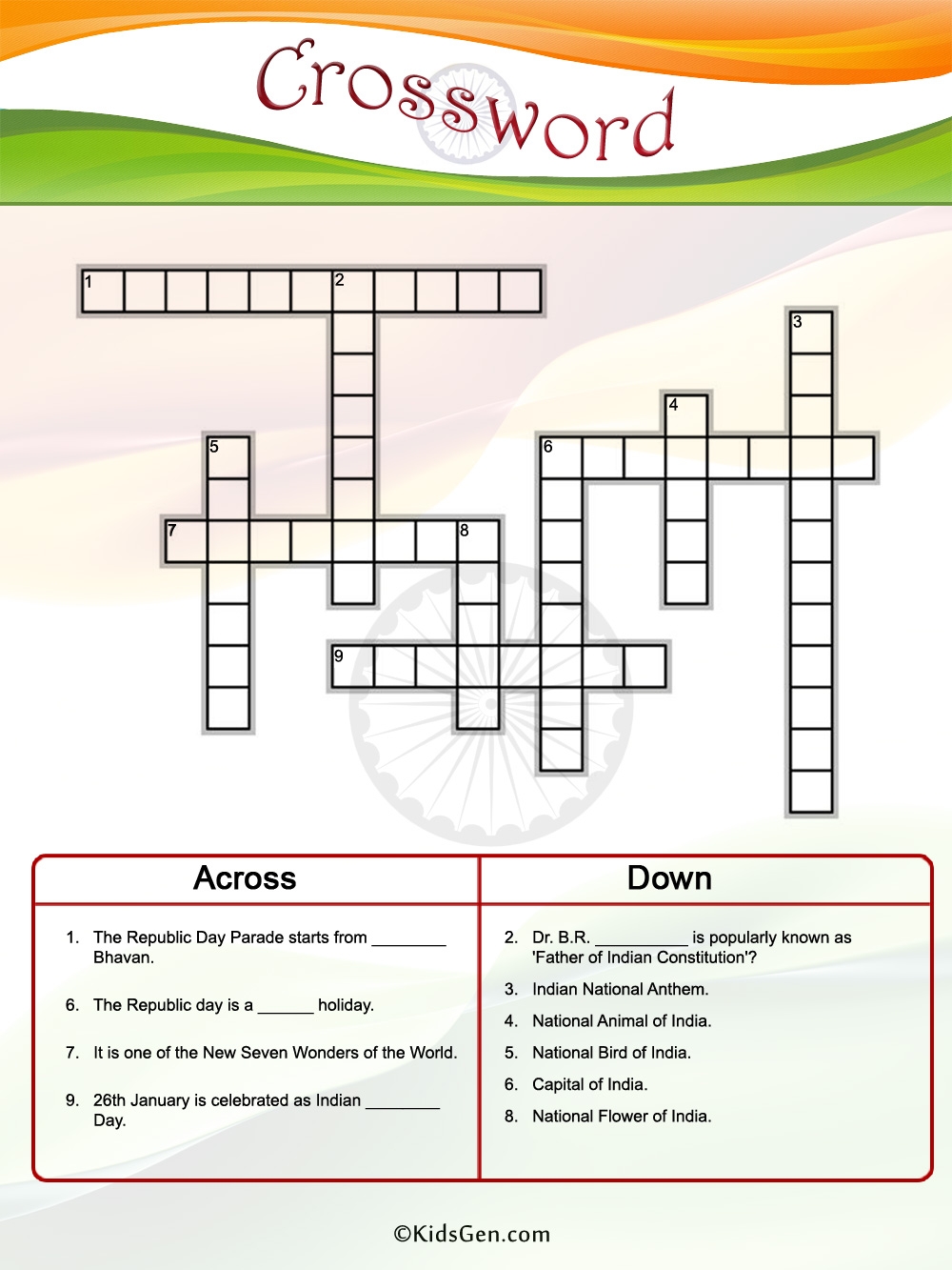 Indian Republic Day Colored Crossword Template