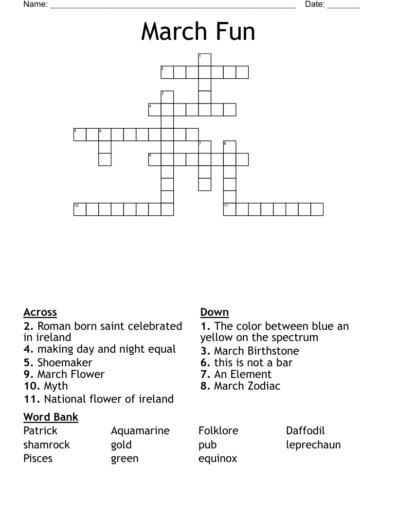 March Crossword Puzzle Printable