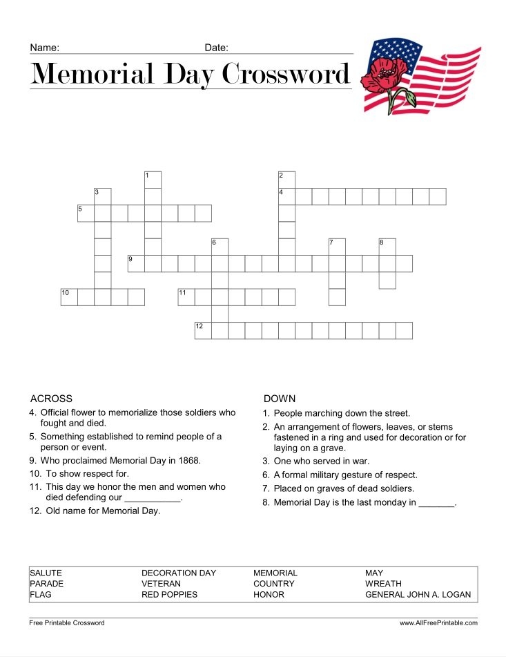 Memorial Day Crossword Puzzle Free Printable