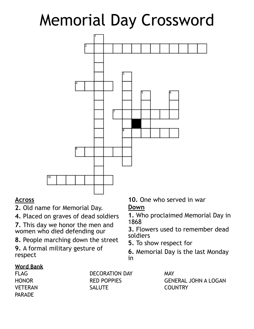 Memorial Day Crossword Puzzle Printable Printable Mem Vrogue co