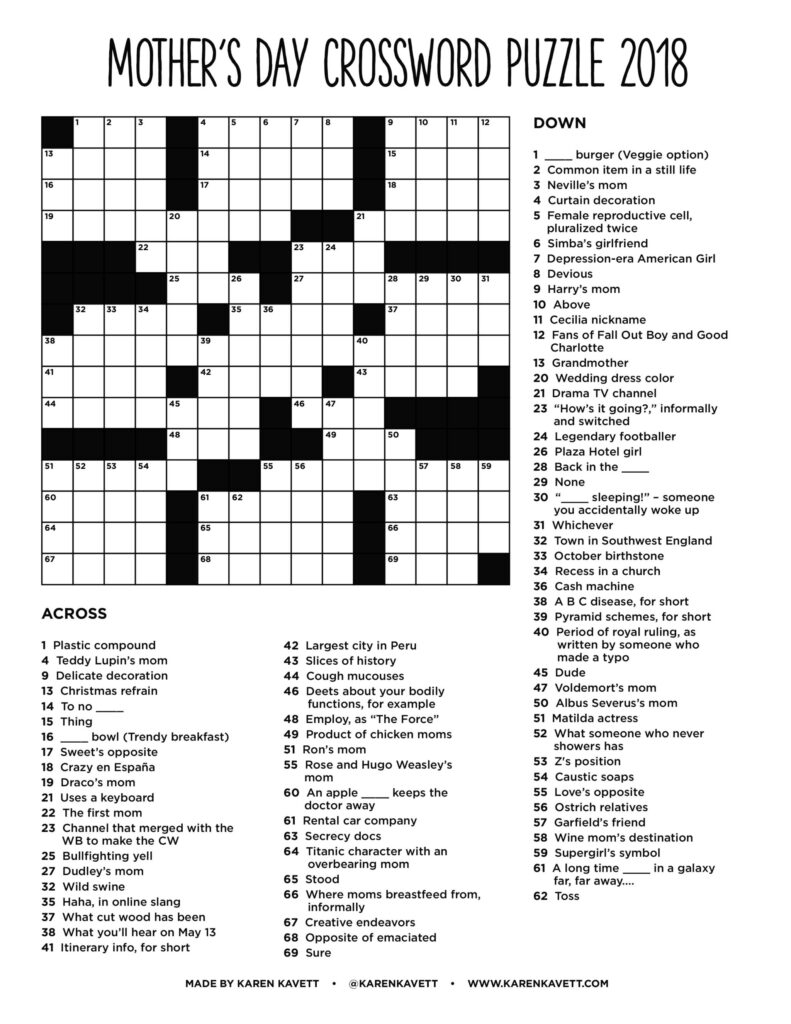 Mother S Day Crossword Puzzle 2018 Karen Kavett Emma Crossword Puzzles
