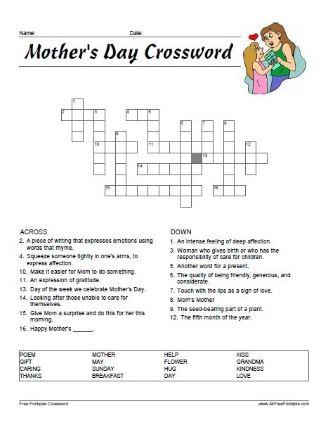 Mother s Day Crossword Puzzle Free Printable