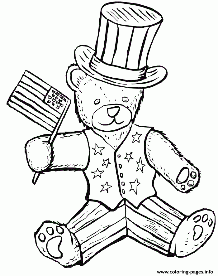 Patriotic 4th Of July Teddy Bear Coloring Page Printable