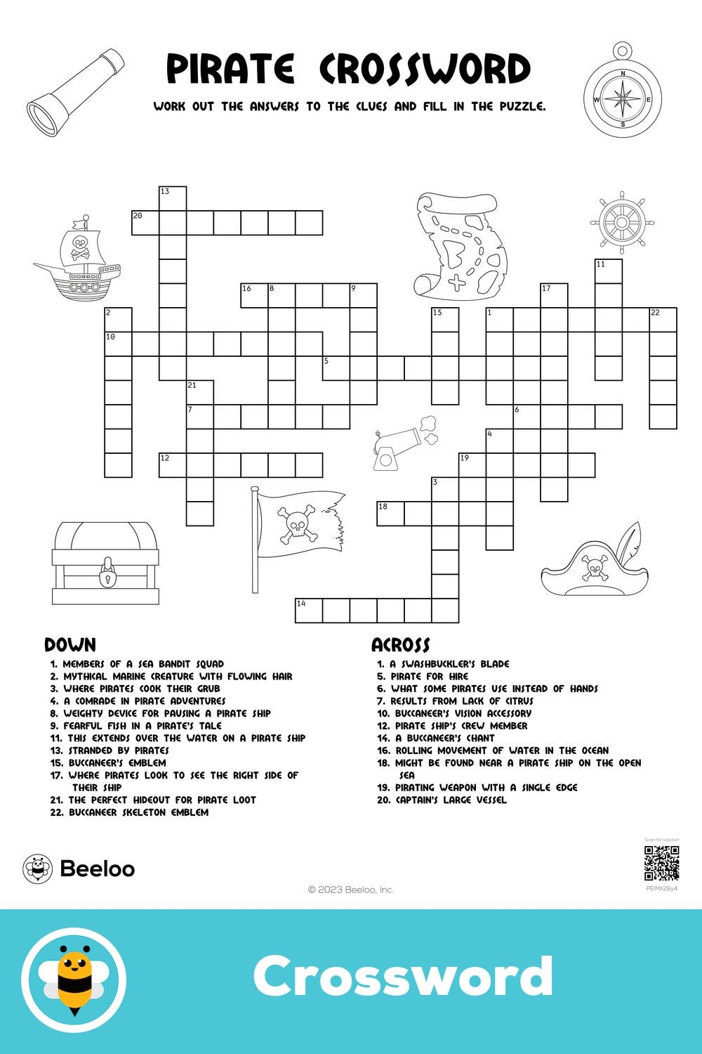 Pirate Crossword Puzzle For Kids