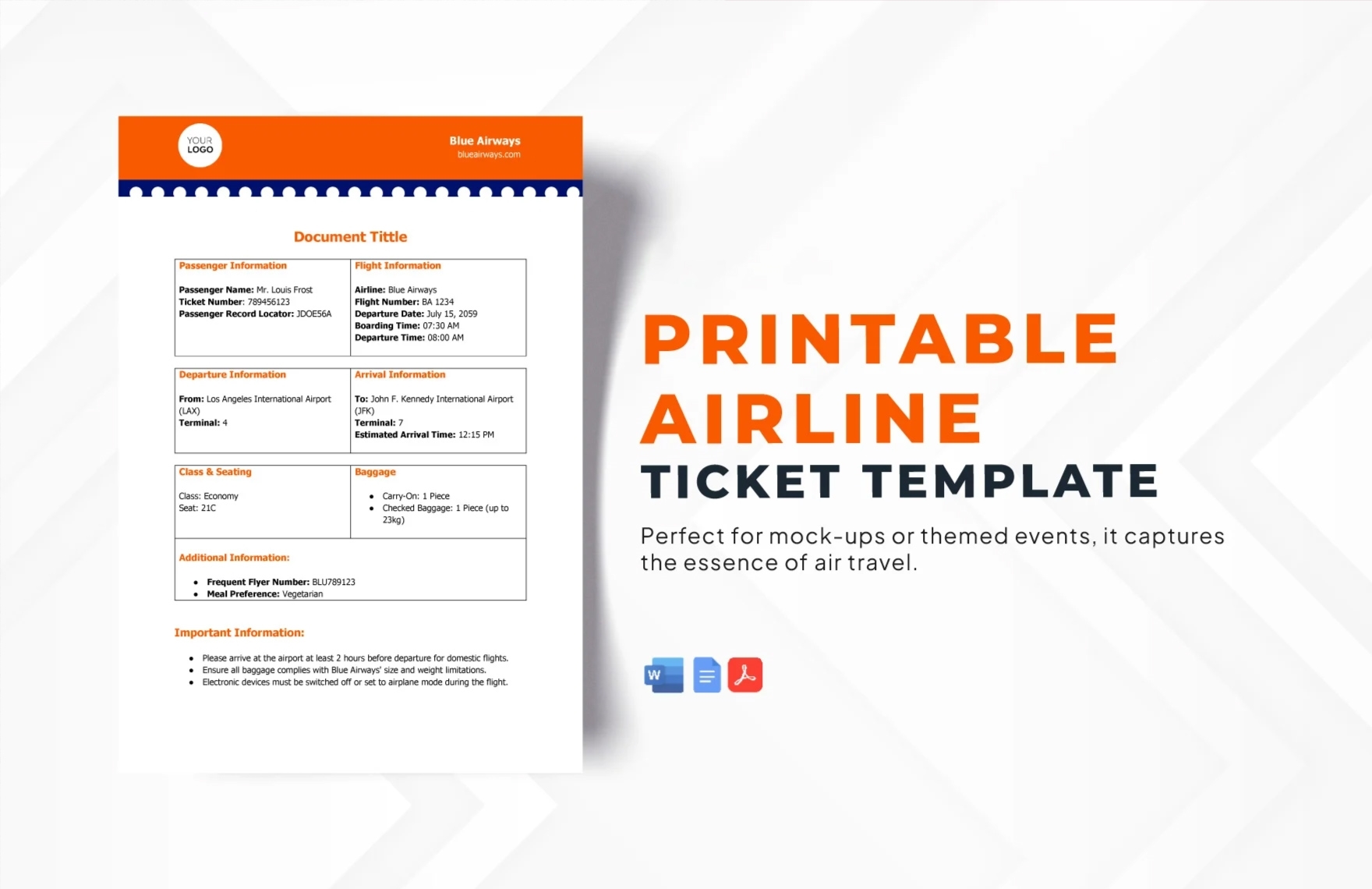 Printable Airline Ticket Template In Word PDF Google Docs Download 