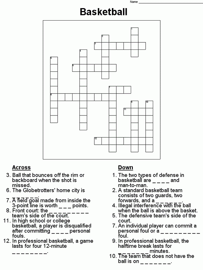 Printable Basketball Crossword Puzzles Activity Shelter