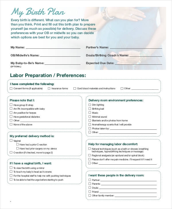 Printable Birth Plan Template Free Free Templates Printable