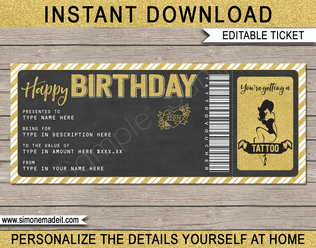Printable Birthday Tattoo Gift Voucher Template DIY Gift Certificate 