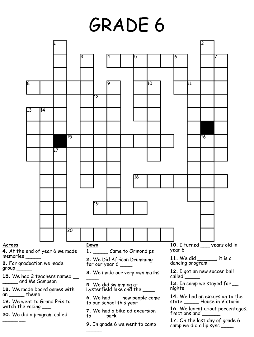 Printable Crossword For Grade 6 Free Crossword Puzzles Printable