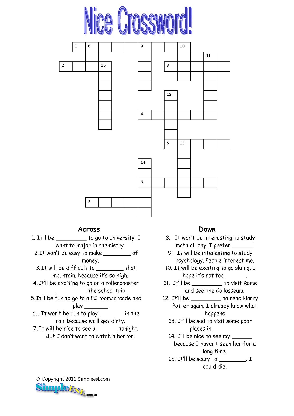 Printable Crossword Puzzle For Esl Students Printable Crossword Puzzles