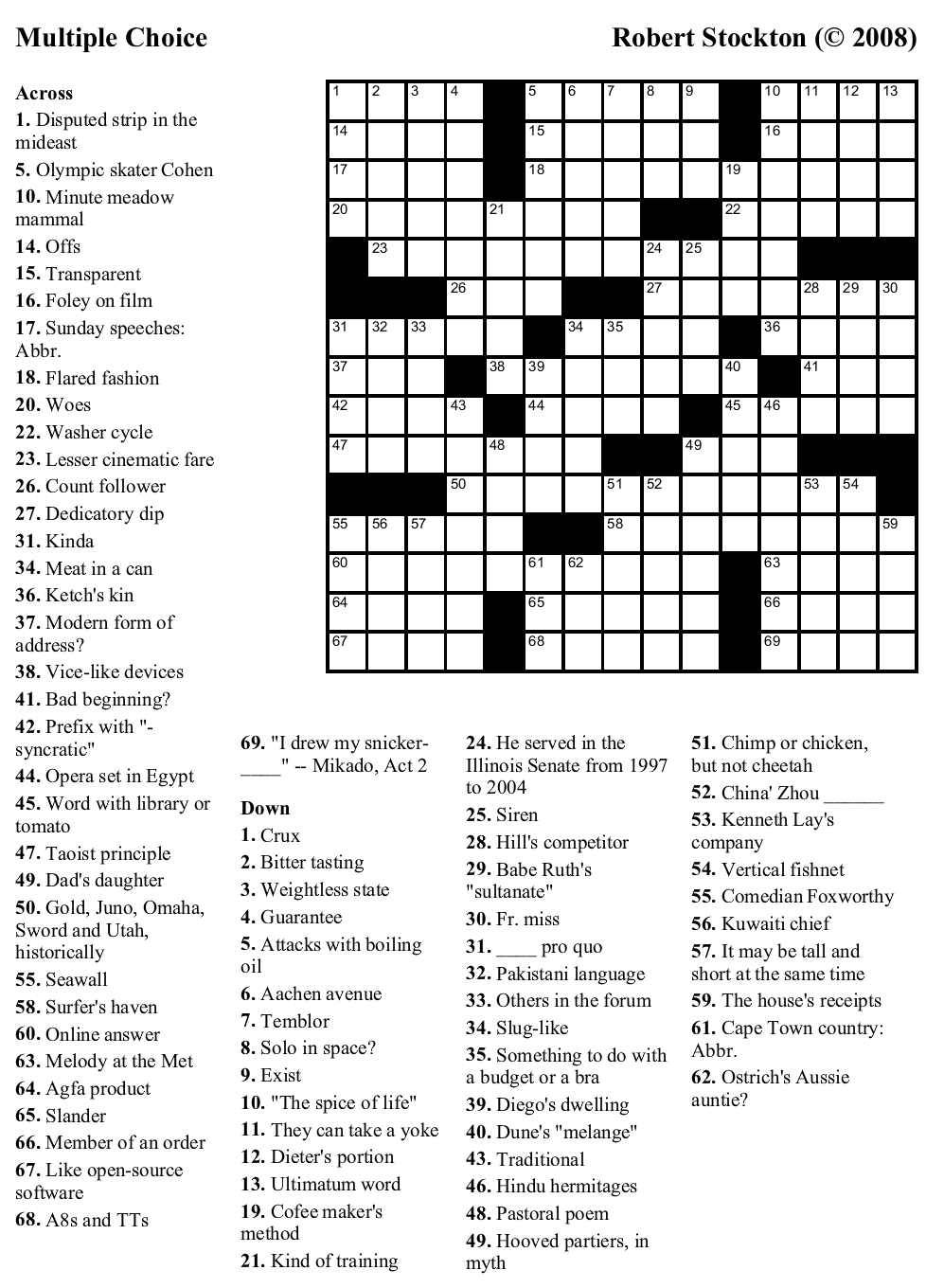Printable Crossword Puzzle With Answer Key Printable Crossword Puzzles