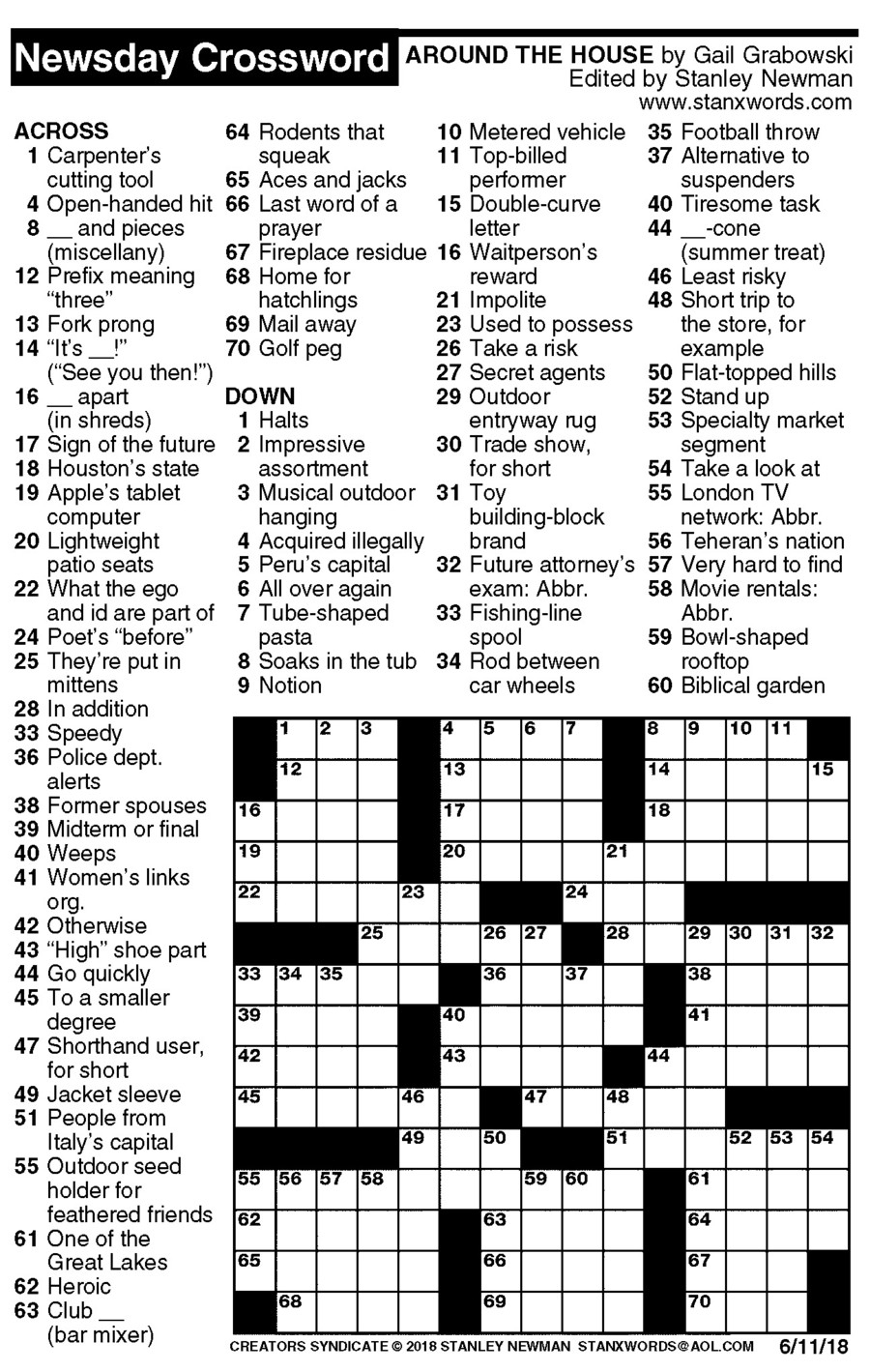 Printable Crossword Puzzles Newsday Printable Crossword Puzzles