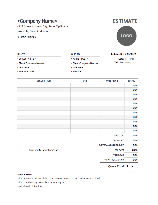 Printable Estimate Template
