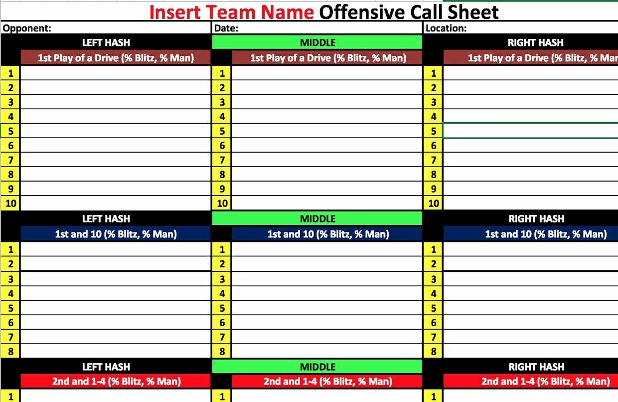 Printable Football Play Call Sheet Template Free Content Calendar 