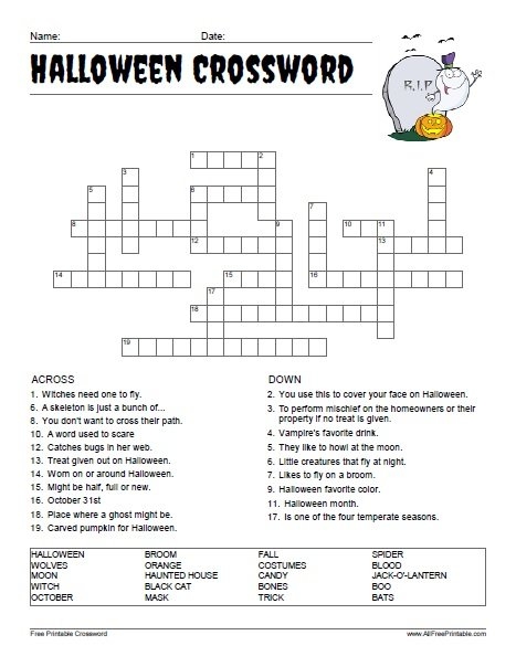 Printable Halloween Crosswords For Adults