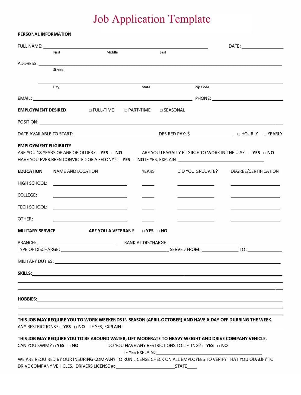 Printable Job Application Template Images Free Download And Print For 