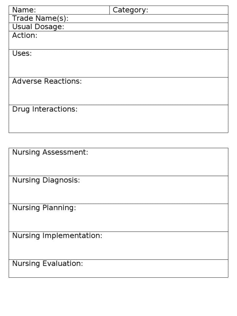 Printable Pharmacology Drug Card Template Free Printable