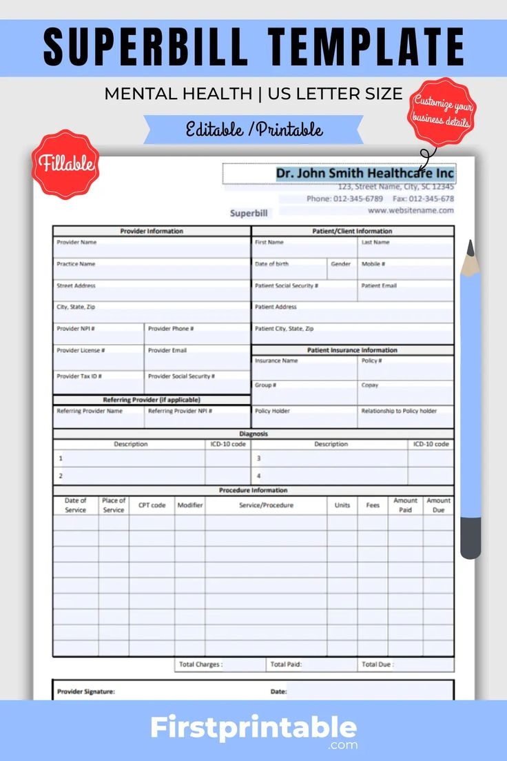 Printable Superbill Template Mental Health Fillable PDF Mental 