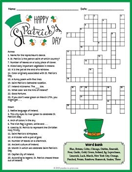 SAINT PATRICK 39 S DAY Crossword Puzzle Worksheet 3rd 4th 5th 6th