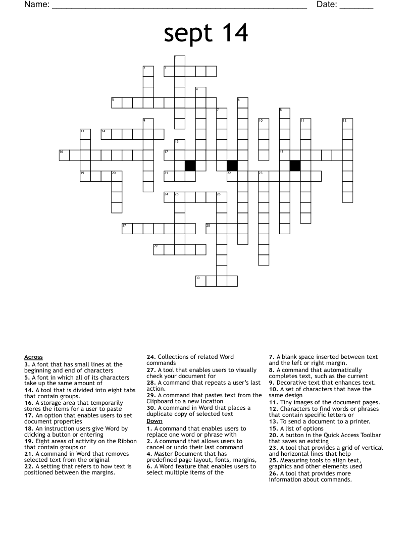 September Crossword Puzzle Printable