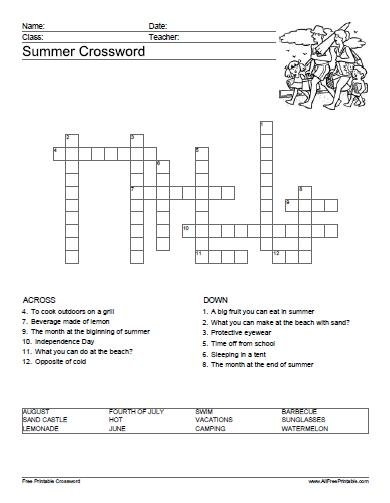 Summer Crossword Puzzle Free Printable