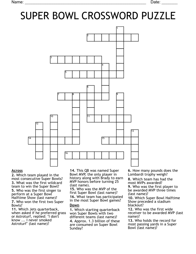 Super Bowl Crossword Puzzle Printable Printable Word Searches