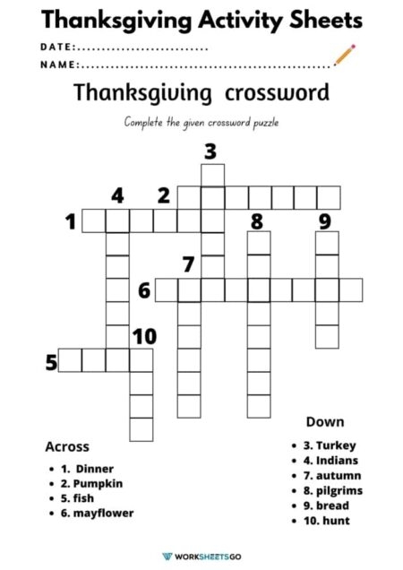 Thanksgiving Crossword Activity Sheets WorksheetsGO