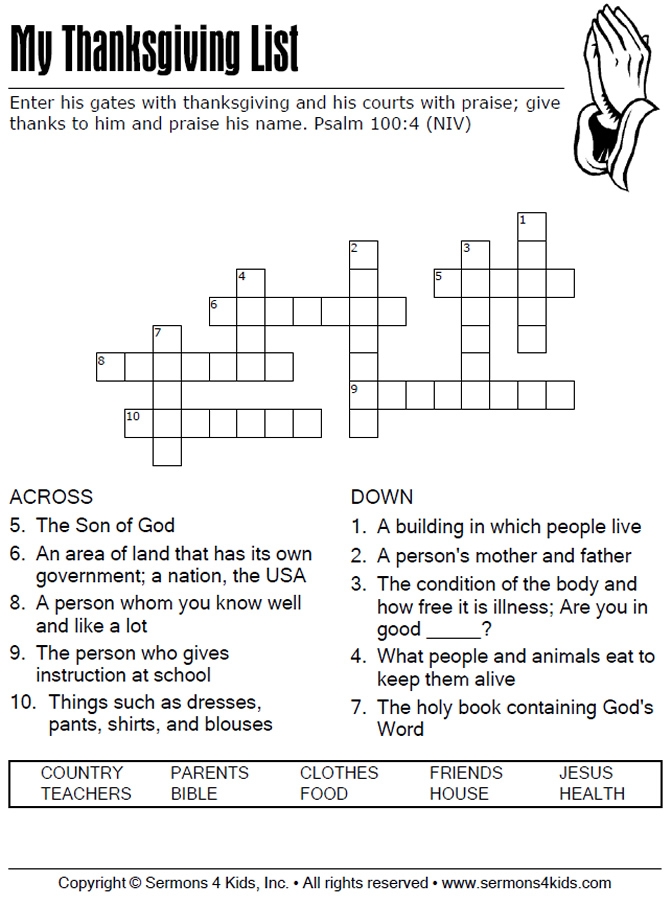 Thanksgiving List Crossword Sermons4Kids