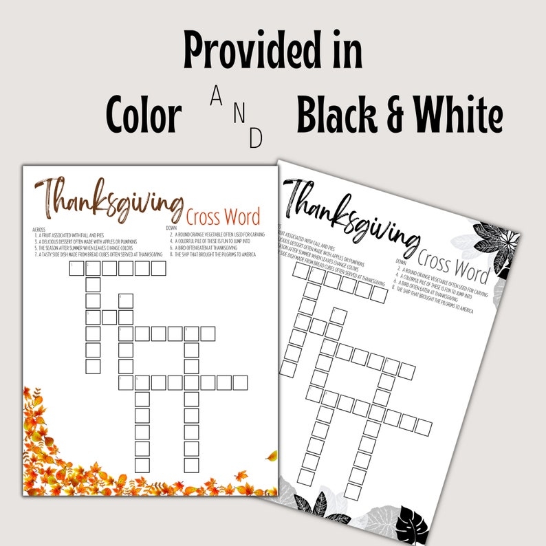 Thanksgiving themed Crossword Puzzle Printable Available In Color And