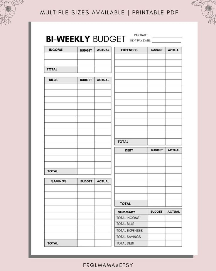The Printable Bi Weekly Budget Worksheet Is Shown In Black And White