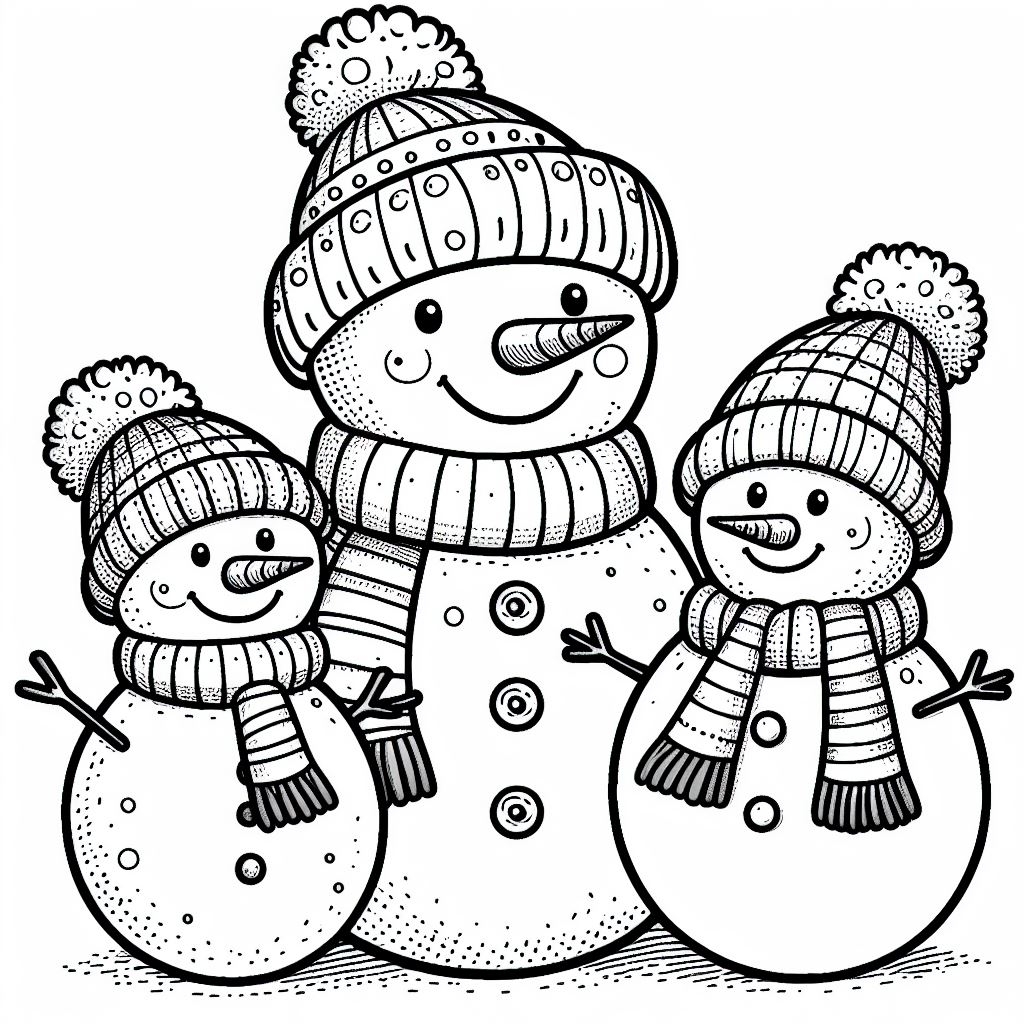 Three Snowmen With Scarf And Hat Coloring Page